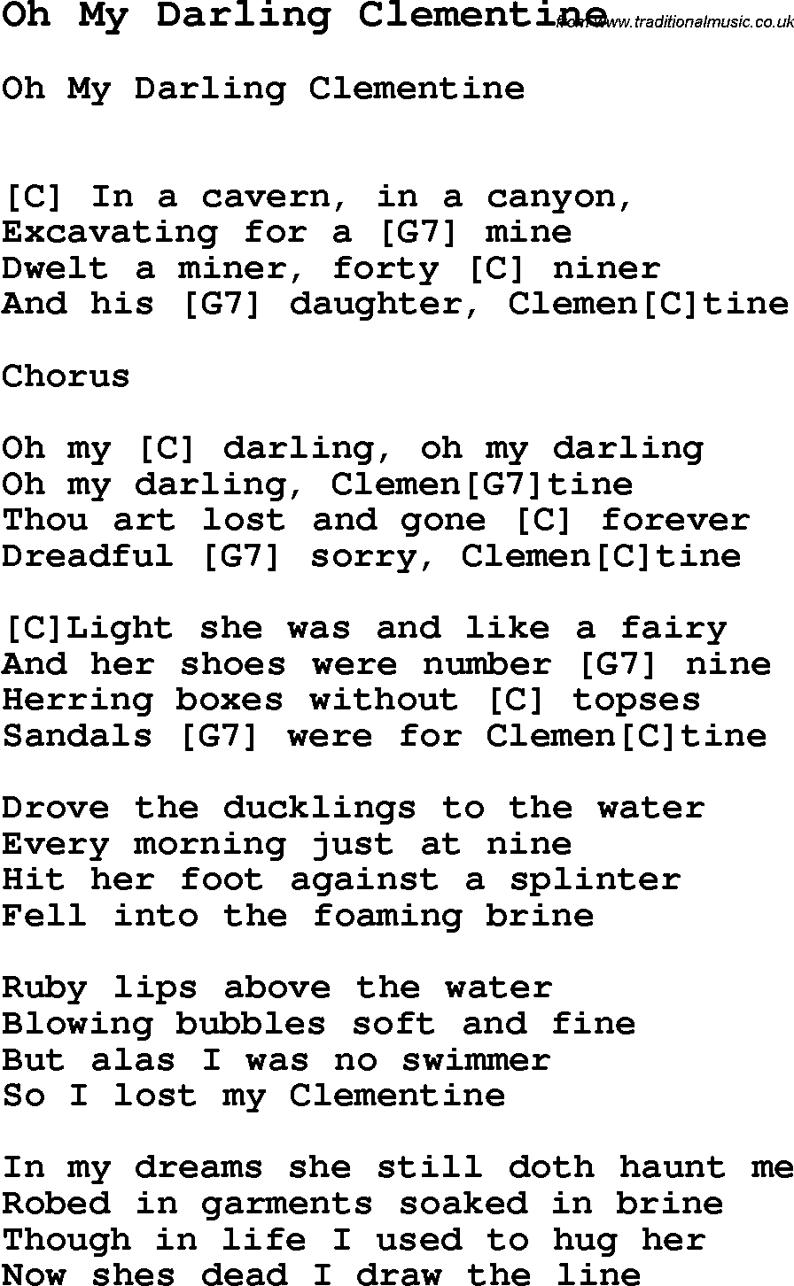 Song Oh My Darling Clementine Song Lyric For Vocal Performance Plus Accompaniment Chords For Ukulele Guitar Banjo Etc