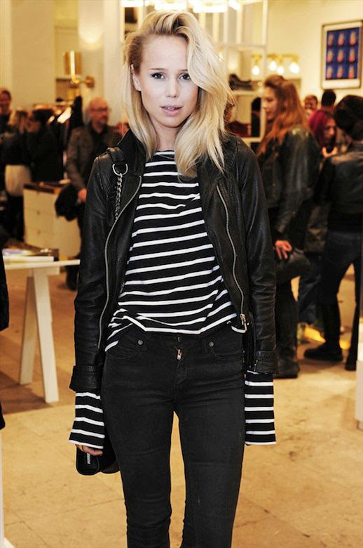 Le Fashion Blog Elin Kling Leather Moto Jacket Long Sleeve Striped Stripe Shirt Mix Skinny Faded Black Jeans Chain Strap Bag Blonde Hair Side Part Sweddish Blogger and Editor Styleby Magazine Downtown Cool Style photo Le-Fashion-Blog-Elin-Kling-Leather-Moto-Jacket-Stripe-Shirt.jpg