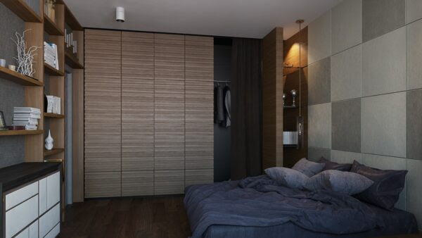 The bedroom is not overly spacious, but has enough room for a cozy bed and plenty of storage hidden behind slick wood paneling.