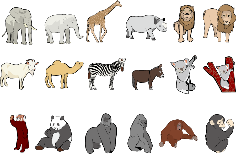 フリーイラスト ゾウやキリンなどの18種類の動物のセットでアハ体験