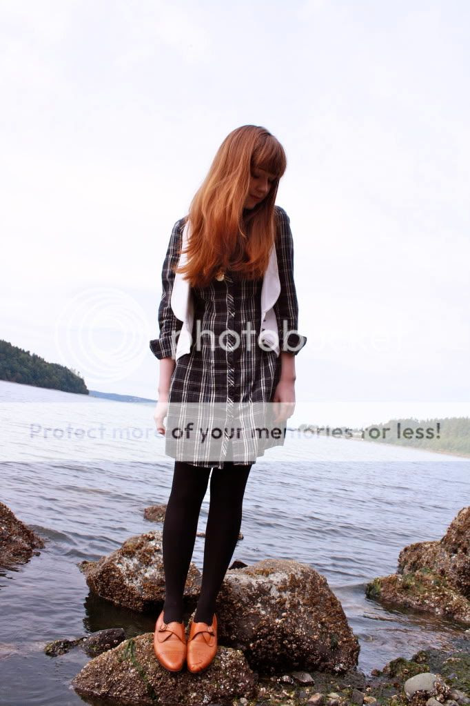 the clothes horse, personal style, fashion blog, remix, retro, vintage, plaid shirtdress, knit vest, black and white, puget sound