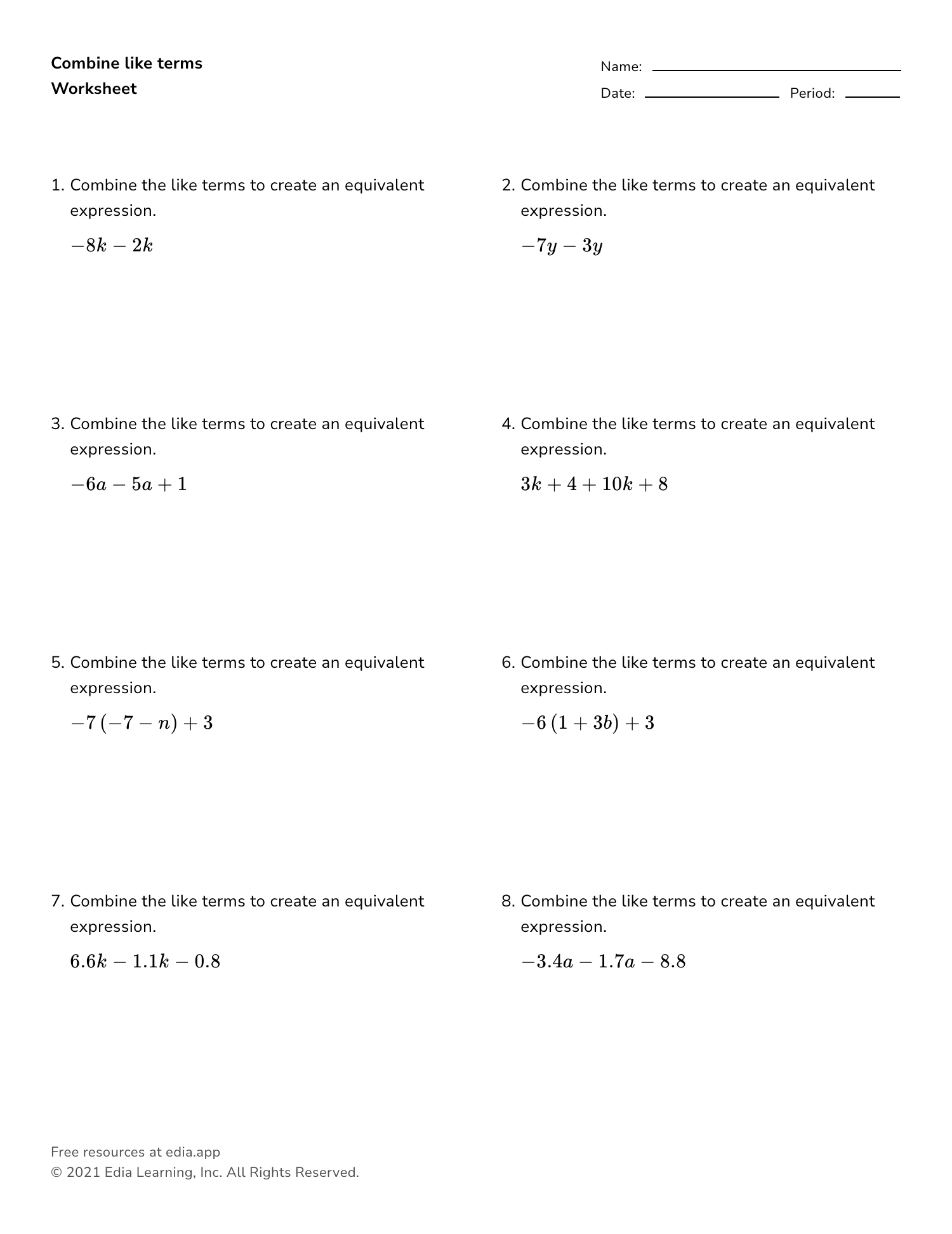 Combine Like Terms - Worksheet