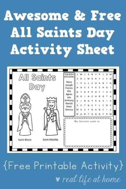 Looking for a printable with activities for All Saints Day? This All Saints Day activity sheet is a fun free printable perfect to use with children. #CatholicPrintables | Real Life at Home