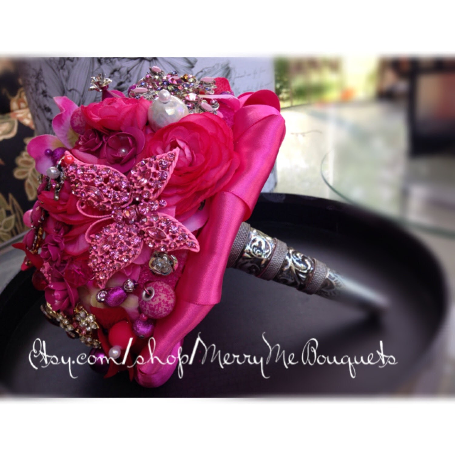 Very Pink Wedding Brooch Jeweled bouquet with silver colored handle. Ships next day