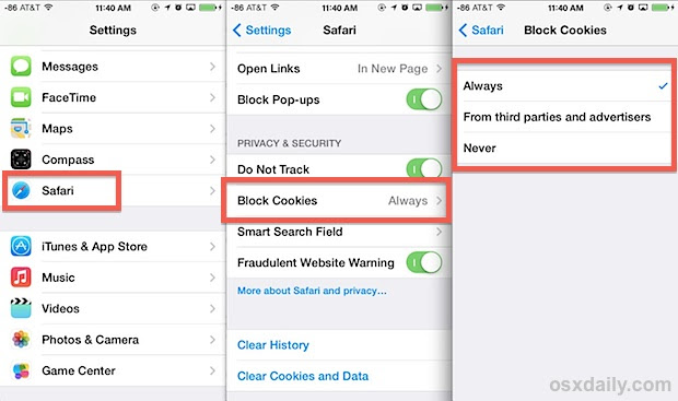 Adjust cookie blocking settings in Safari for iOS