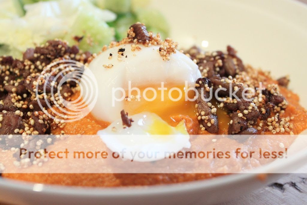 Experimenting with Produce - Smoked Capsicum Hummus with Toasted Lamb, Quinoa and a Poached Duck Egg