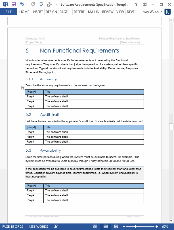 Software Requirements Specification Template (MS Word + Excel