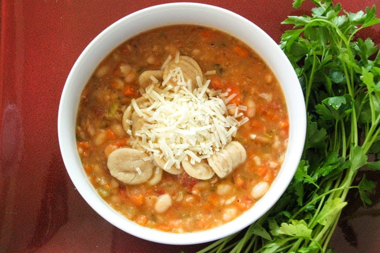 Chunky White Bean Soup with Fresh Herbs, Pasta and Parmesan