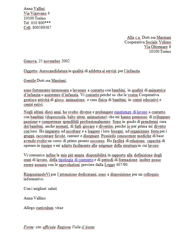 Lettera di presentazione per autocandidarsi: esempio reale : Modello ...