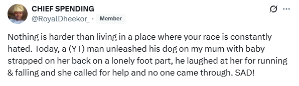 Nigerian woman narrates how a white man unleashed his dog on her mum with baby strapped to her back in UK