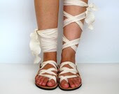 Leather Sandals, handmade, Unique design, with plisse scarf straps in ivory  "APHRODITE" AS03 All sizes Available - GreekChicHandmades