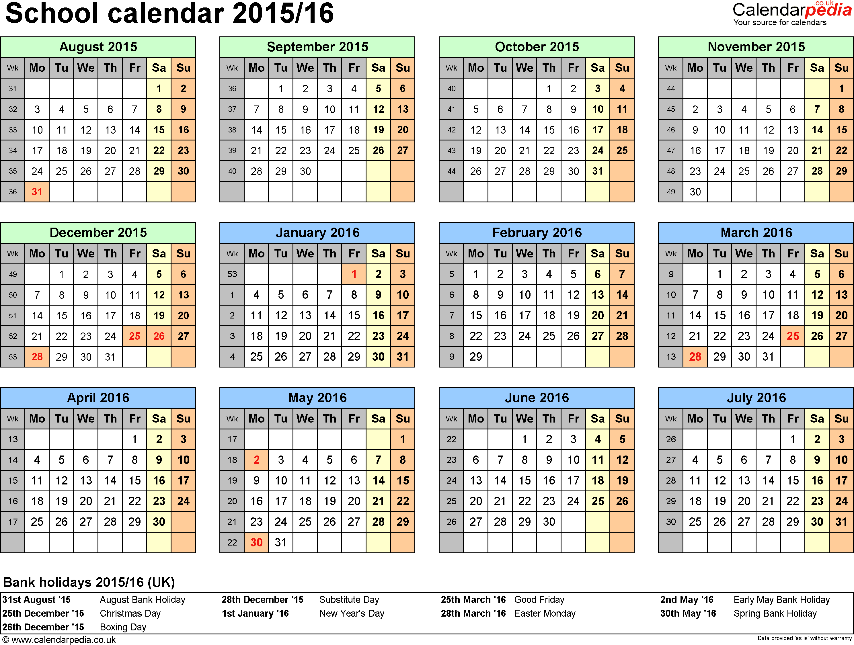 School calendars 2015/2016 as free printable Excel templates