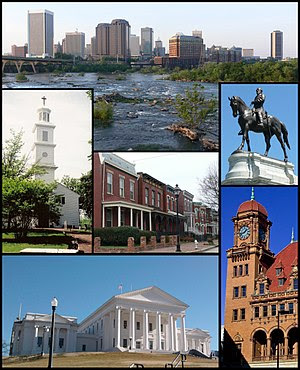 View of Downtown Richmond over the falls of th...