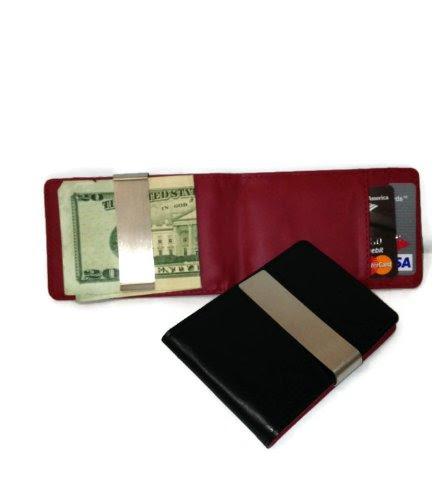 Black/Red Money Clip Bi-fold Leather Wallet By DesignSK