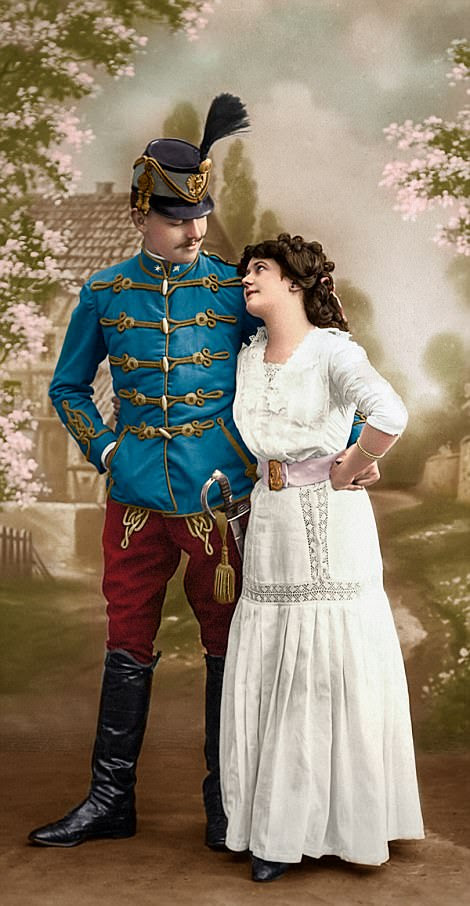 A light cavalryman from the Austro-Hungarian Empire known as a hussar is pictured with his wife, likely before the beginning of the First World War
