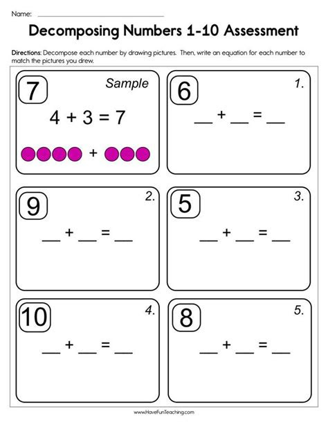  decomposing numbers assessment worksheet numbers kindergarten