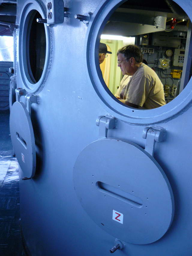 Armor surrounding the pilothouse on Hornet's bridge