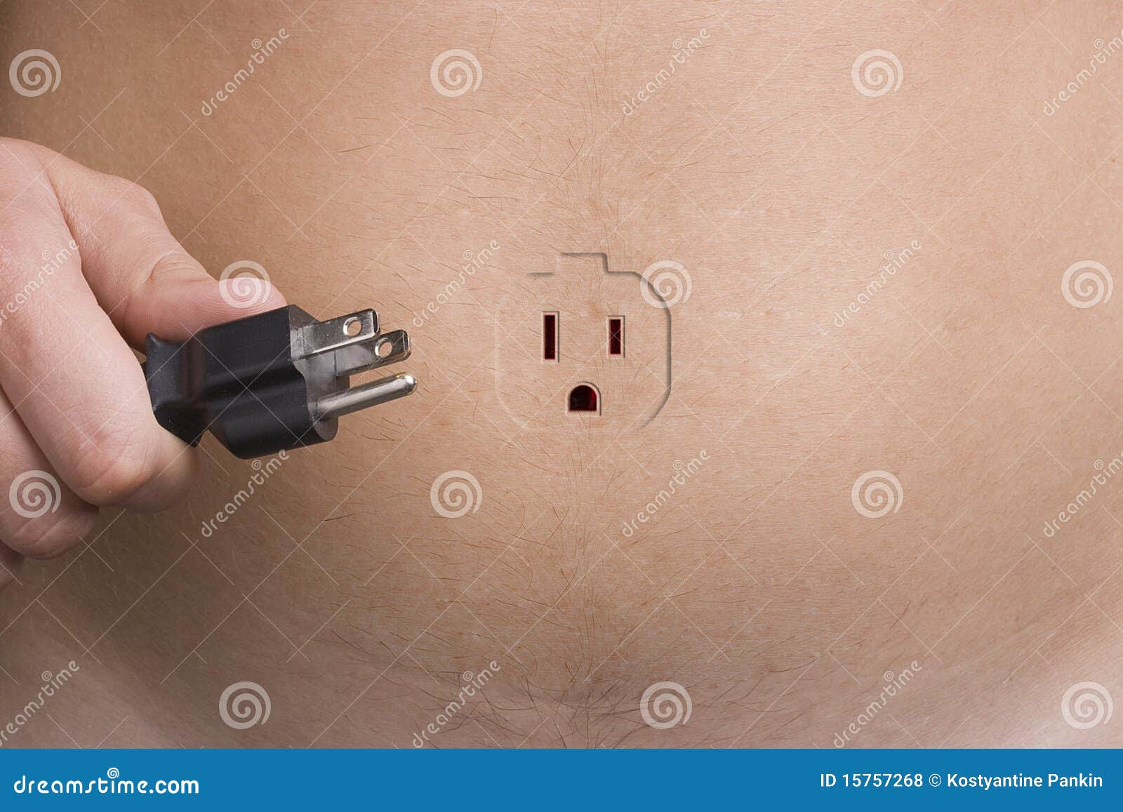 Human hand holding a plug near a human stomach with an outlet.