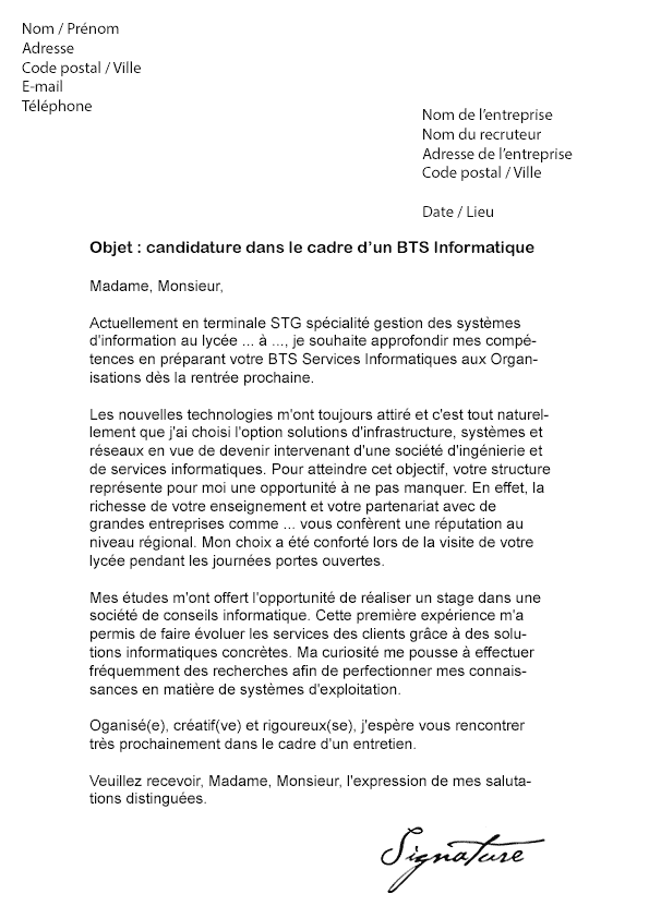 Lettre de motivation BTS Informatique - Modèle de Lettre