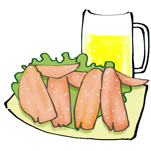 手羽先唐揚げとビールのイラスト かわいいフリー素材が無料のイラストレイン