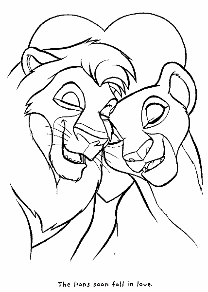 The Lion King + coloring pictures of lions-in-love cuddling.