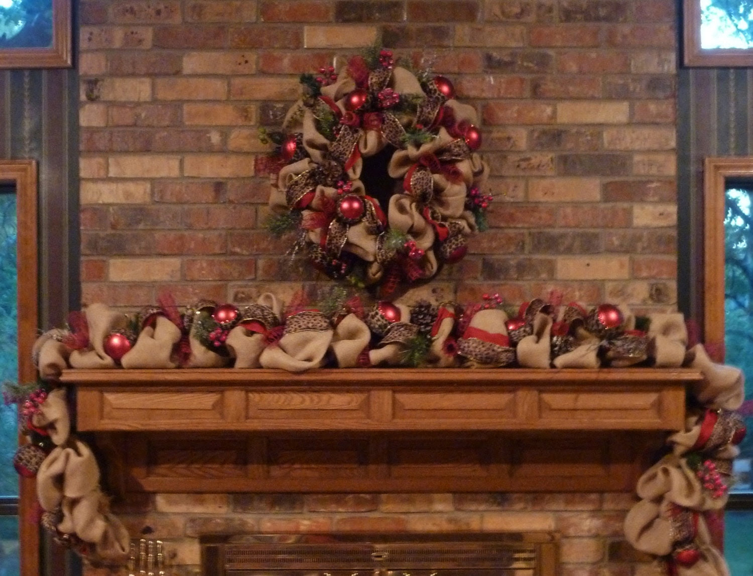 Natural Burlap CHRISTMAS WREATH and GARLAND with Leopard Print Ribbon and Berries