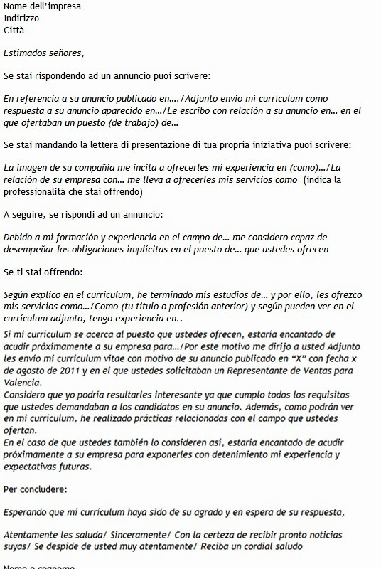 Modello di lettera di presentazione in spagnolo : Modello ...