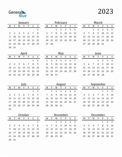  2023 yearly calendar templates with monday start