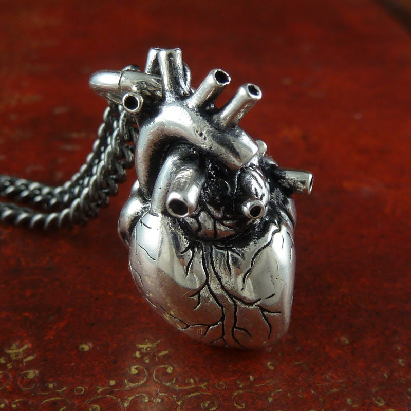 Anatomical Heart Necklace Antique Silver Anatomical Heart on 32" Gunmetal Chain