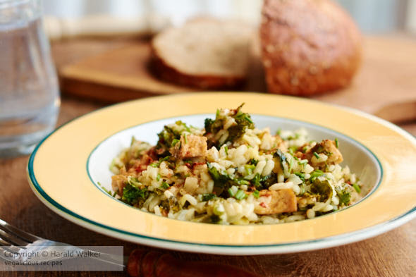 Kale Risotto with Spicy Tofu Pieces