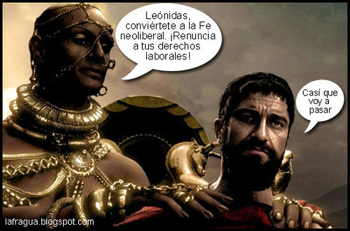 Foto montaje en el que se ve a Jerjes tratando de convencer a Leónidas de que renuncie a sus derechos laborales