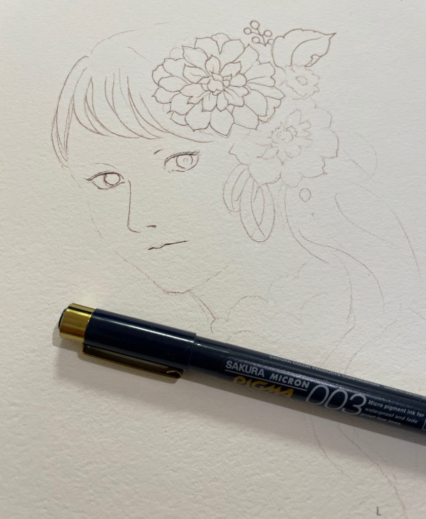 透明水彩のイラスト ペンで線画を描く 鉛筆で線画を描く 同じ絵で比較して見た 枯葉庭園 水彩読本