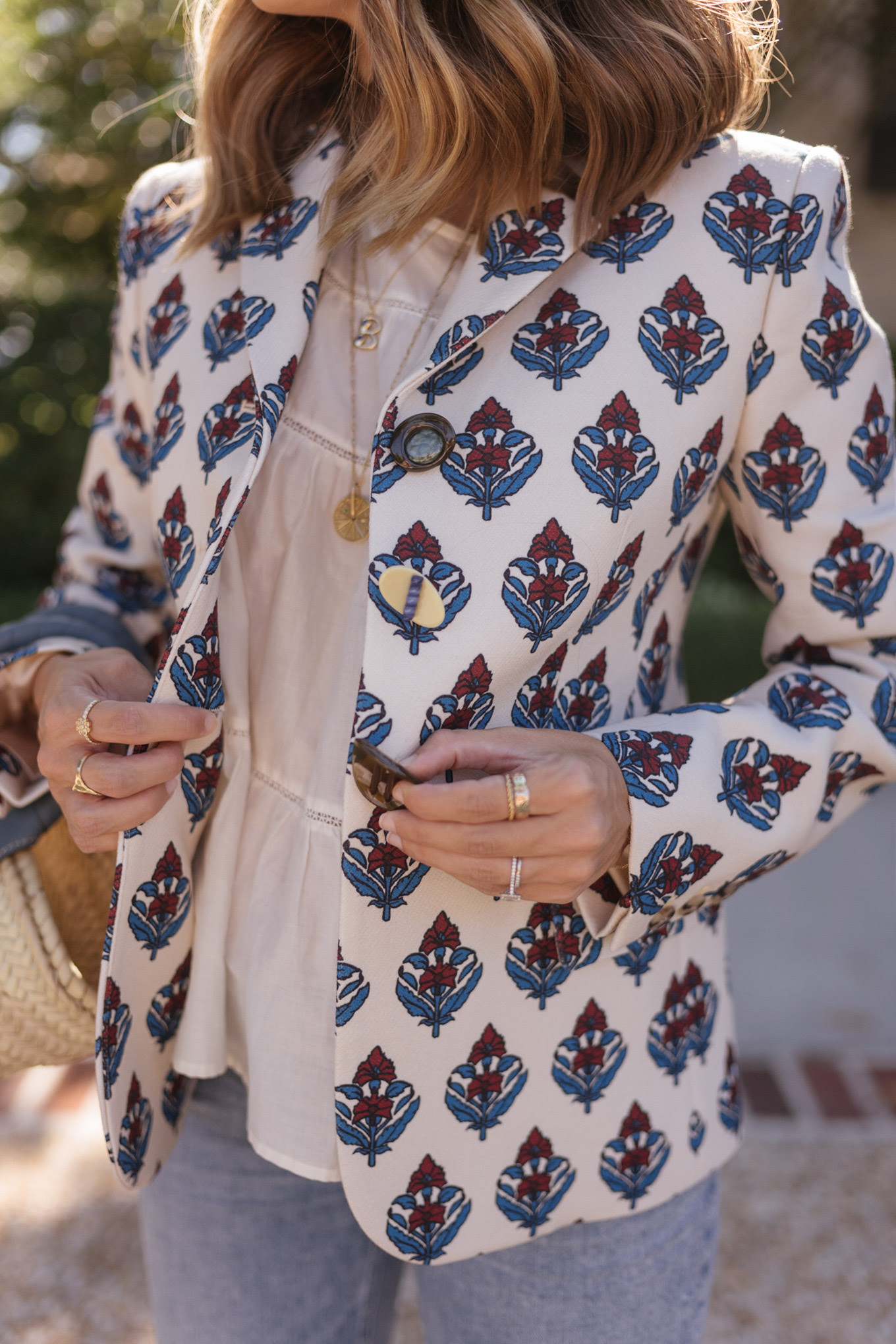 block print twill crepe blazer