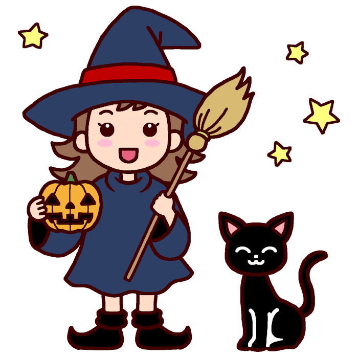 魔女と黒猫とカボチャ カラー ハロウィンの無料イラスト 秋の季節 行事素材