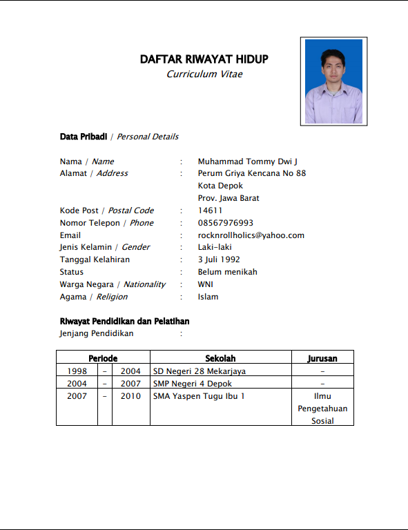 Contoh Curriculum Vitae  New Calendar Template Site