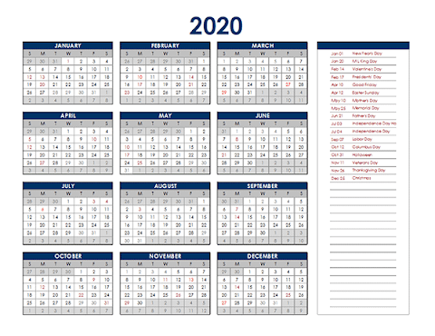 Template Excel Free Printable Downloadable 2020 Calendar