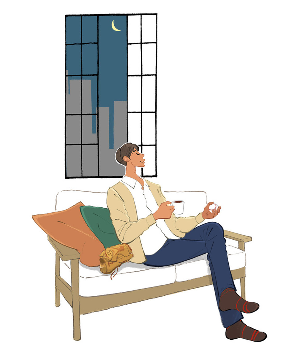 ソファに座りコーヒーを飲む男性のイラスト 元野球選手 イラストレーターakihisasawadaイラスト デザイン室