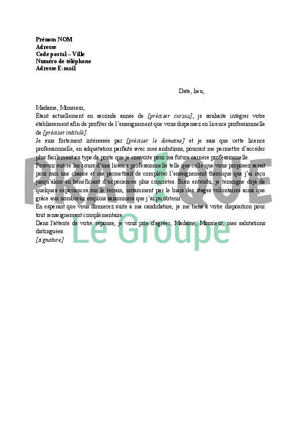 Exemple Lettre De Motivation Licence Pro Job Application Cover Letter