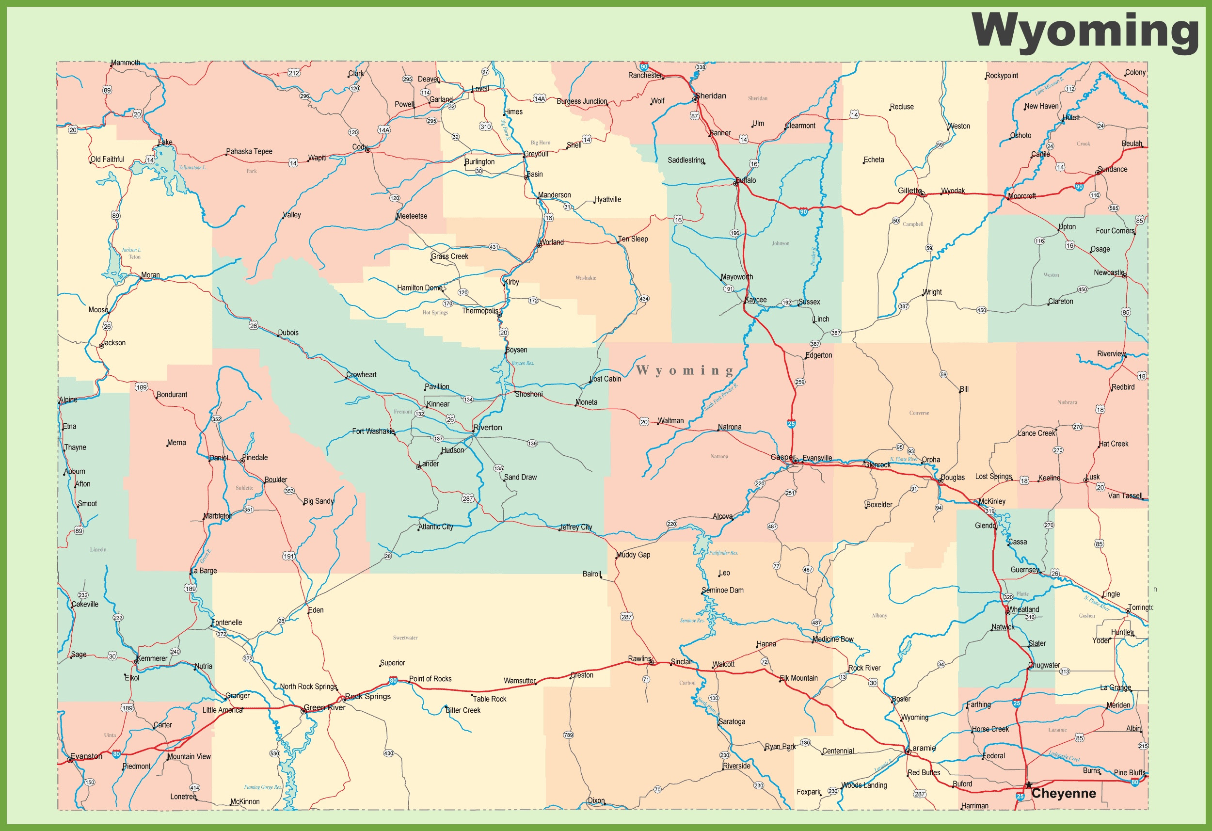 Wyoming Map With Counties And Cities Road map of Wyoming with cities