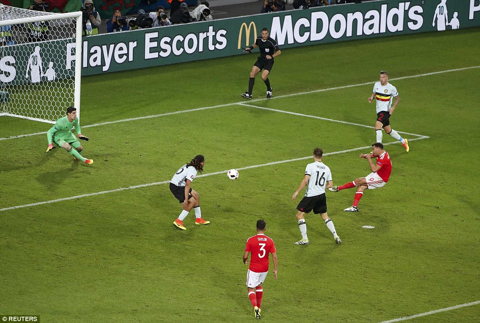 Hal Robson-Kanu fires Wales into the lead after a superb turn to fool three hapless Belgian defenders inside the penalty area