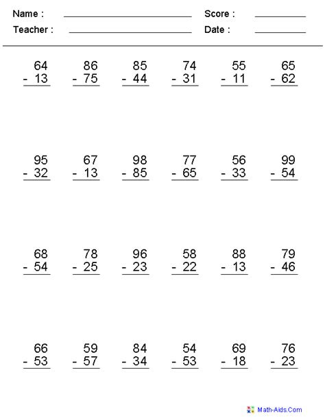  subtraction worksheets free printable