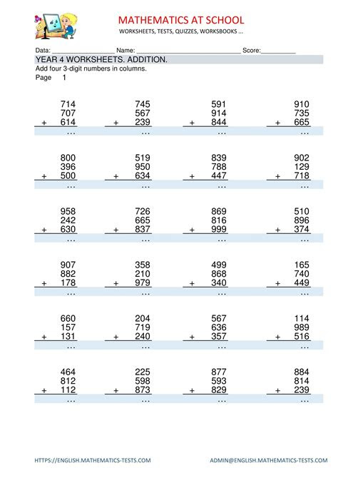  year 4 maths worksheets addition adding three 3 digit numbers in