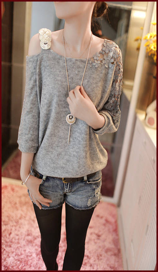 เสื้อถักสไตญี่ปุ่นไหล่ลูกไม้( สีชมพู) สีชมพู) เสื้อถักสไตญี่ปุ่นไหล่ลูกไม้(