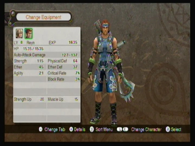 Reyn's current equipment and stats. He's wearing a blue sleeveless vest and shorts.