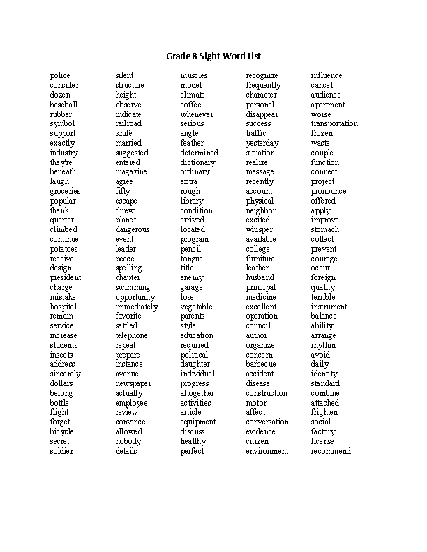Sight Words Lists | Sight Words List Grade 8