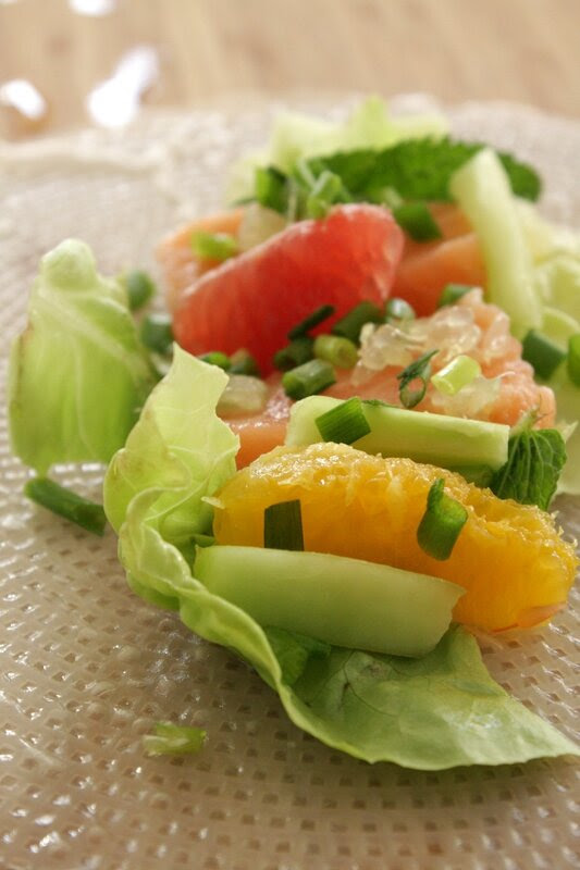 Rouleaux de printemps au saumon cru et aux agrumes