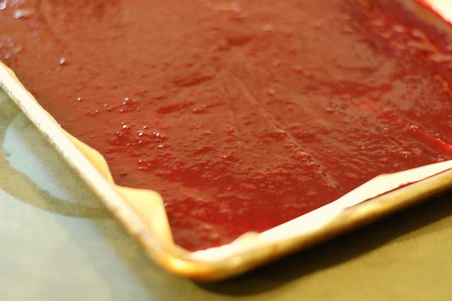 Tray of cherry puree heading into the oven by Eve Fox, Garden of Eating blog, copyright 2012