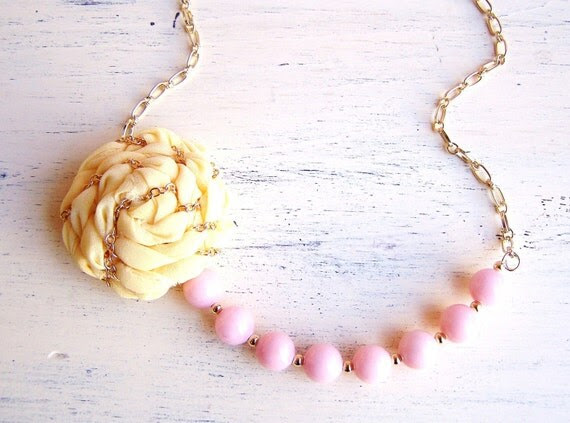 Victorian Pastels/ Textile rosette bib necklace with beads/ Made to order