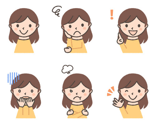 セミロングヘアの若い女性の表情イラスト6種 可愛い無料イラスト 人物素材 フリーラ