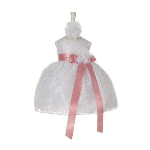 CinderellaCouture- CC1132BW- Elegant White baby lace dress with replaceable satin ribbons with flower,Rose Size L